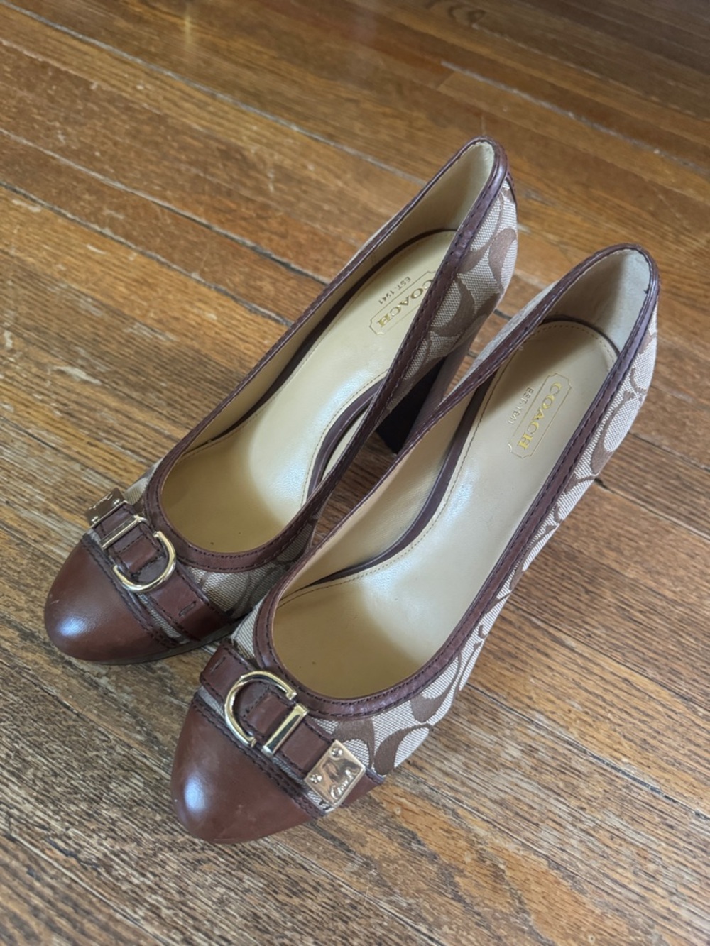 Coach Brown Signature Canvas Pumps with Gold Buckle